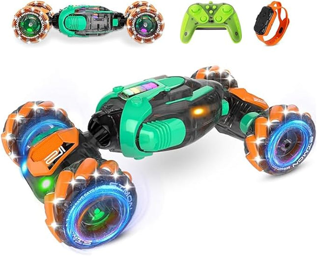 RC Gesture Sensing Stunt Car, 360° Rotating 4WD Remote Control Transform Remote & Hand Car, Remote & Hand, Double-Sided Driving with Lights & Music,Birthday Drift Toy Gift for Kids Age 7 8 10 12 Year