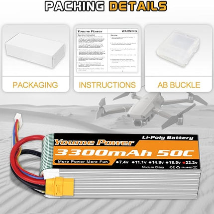 22.2V LiPo Battery 3300mAh,Lipo 6S Battery 50C XT90 Plug for RC Airplane RC Helicopter RC Quadcopter Drone Car Truck Boat Model(2 Packs)