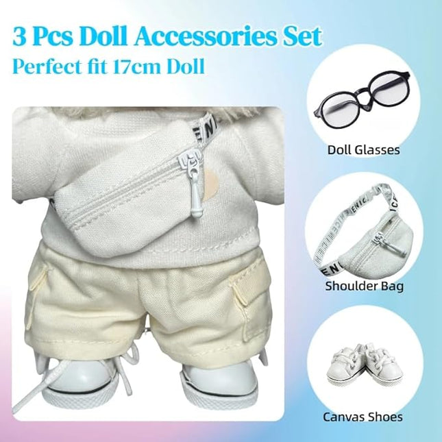 3pcs Doll Accessories Set Included Mini Glasses, Shoulder Bag and Canvas Shoes, Dress Up Accessories Replacement for 17cm Doll, Mini Costume Supplies for 6.7in Figures (Set of White)