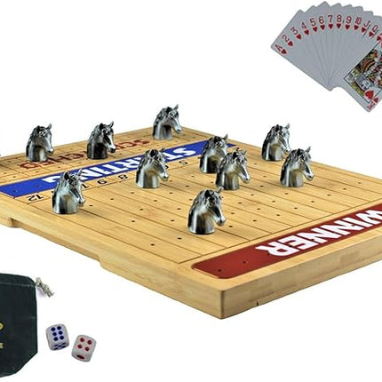 Metal Horse Race Board Game Set with Horse Racing Thick & Solid Wood Game Board, 11 Luxurious & Durable Classic Silver Colored Metal Craft Horses, Dice and Cards for Horseracing (HR-551)