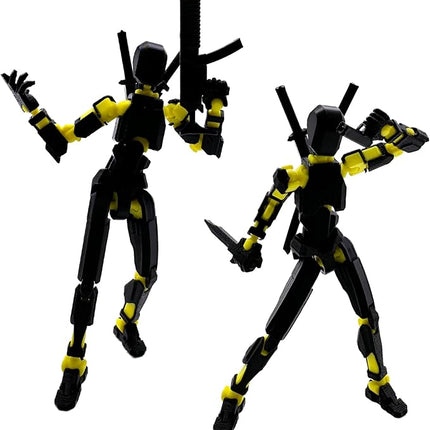 (Assembly Completed) 3D Printed Figure 5.54-inch Dummy13 with Weapon Expansion Set and Bracket, Full Body Mechanical Movable Toy, Desk Decoration. (Black+Yellow)