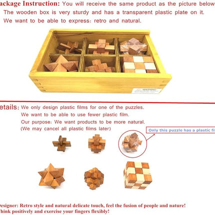 Guaishou 6-in-One 3D Luxury Wooden Brain Puzzle Teaser Kongming Lock for Teens and Adults Includes Storage Box