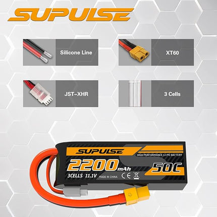 SUPULSE 11.1V 3S Lipo Battery 50C 2200mAh Soft Case Battery with T Plug and XT60 Plug for RC Airplane Helicopter RC Boat RC Car Truck(2 Packs)