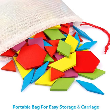 Coogam Wooden Pattern Blocks Set 130PCS Geometric Color Shape Manipulative Puzzle – Graphical Montessori Tangram Early Learning Educational Toys Brain Teasers STEM Gift for Kids with 24 Design Cards