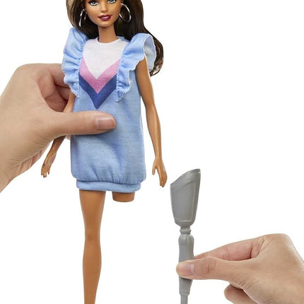 Barbie Fashionistas Doll #121 with Brown Hair & Prosthetic Leg Wearing Blue Sweater Dress & Accessories Including Shoes & Hoop Earrings