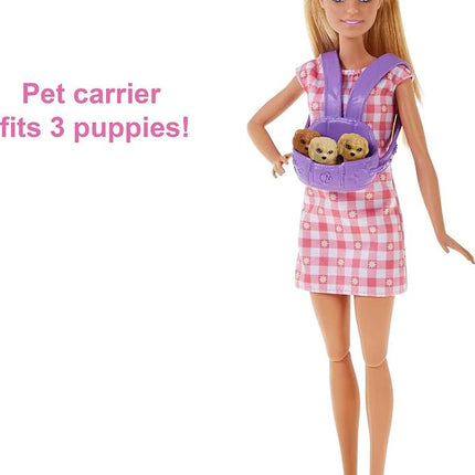 Barbie Doll & Pets Set, Blonde with Mommy Dog, 3 Newborn Puppies with Color-Change Feature & Pet Accessories
