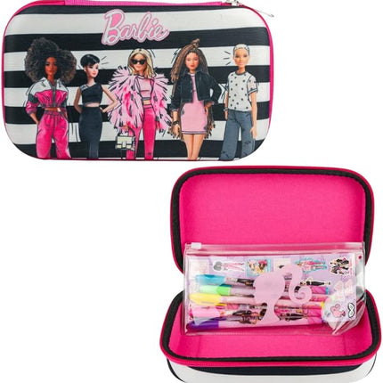 Innovative Designs Barbie Pencil Case Set with Stickers and Gel Pens for Kids, Molded with Zip Closure, Pink