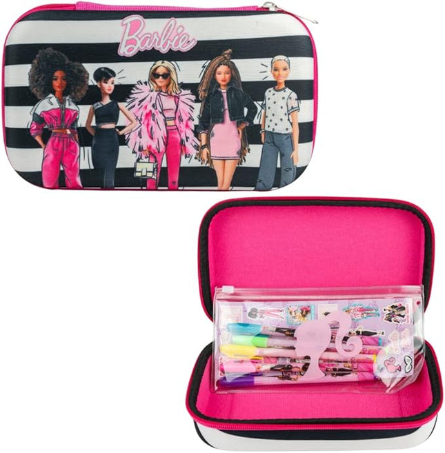Innovative Designs Barbie Pencil Case Set with Stickers and Gel Pens for Kids, Molded with Zip Closure, Pink