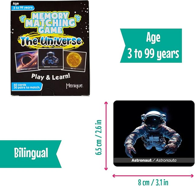 Menique Universe Memory Matching Game – 60 Cards (30 Pairs) – Bilingual Space Game with Planets, Stars & More – Educational for Kids and Adults