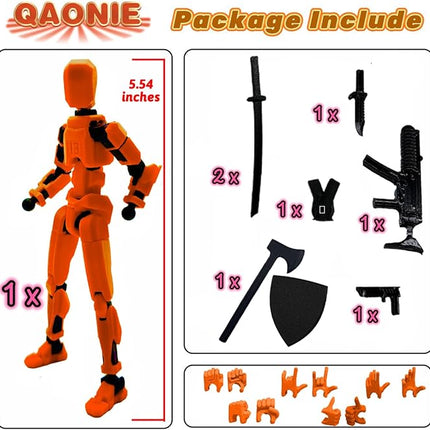 (Assembly Completed) 3D Printed Figure 5.54-inch Dummy13 with Weapon Expansion Set, Full Body Mechanical Movable Toy, Desk Decoration. (Orange)
