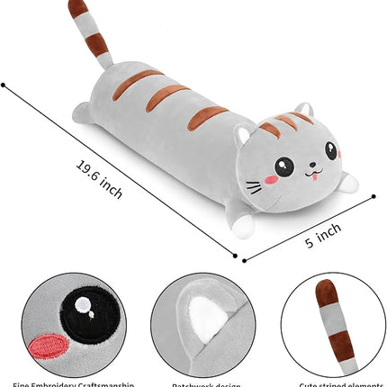 AFAN Long Cat Plush Cute Cat Body Pillows Kawaii Stuffed Animals Plushies Soft Cuddly Cotton Plush Toys Room Decor Gifts for Kids Girls Boys Adults (Grey, 19.6 Inch)