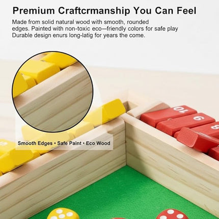 Shut The Box - Wooden Dice Board Game, 2-4 Player Math Puzzle Toy for Kids and Adults, Educational Family Tabletop Game for Learning Addition Subtraction, Fun Strategy Gift Set