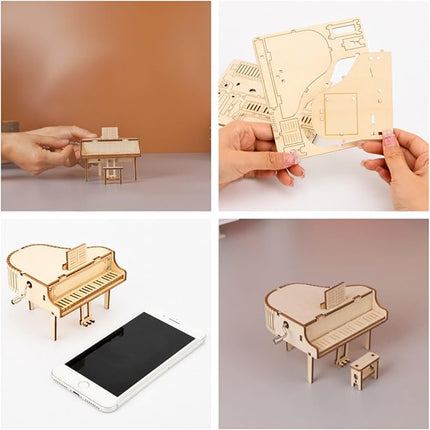 3D Wooden Puzzle Music Box Piano Hand Crank Music Box Teaser Science and Education Education DIY Kits 3D Puzzles for Adults (Piano)