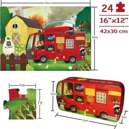 Puzzles for Kids Ages 12 Year Old 24 Pieces Large Fire Truck Kids Jigsaw Puzzles, Professional Preschool Toy Puzzles for Toddlers Boys and Girls –16”x12” with Storage Box
