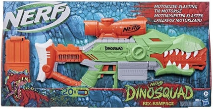 Nerf DinoSquad Rex-Rampage Motorised Blaster, 10-Dart Clip, 20 Darts, T-Rex Dinosaur Design, 8.6 x 61 x 34 cm