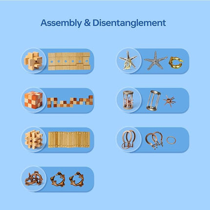 7 Pieces Cool Mind Puzzles Unlock Interlock Brain Teaser Games for Adults and Kids Wooden and Metal Puzzles IQ Logic Fun Puzzle Box