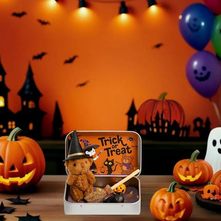 Halloween Bear in a Box for Trick or Treat, Miniature Witcher, Halloween Animal Pocket Hug Surprise Box, Cute Bear in Box with Pumpkin and cat Decorations (Pink)