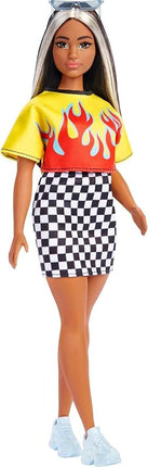 Barbie Fashionistas Doll #179, Curvy with Long Highlighted Hair, Flame Crop Top, Checkered Skirt & Accessories Including Sneakers & Sunglasses