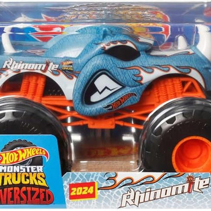 Hot Wheels Toy Monster Trucks Oversized Rhinomite 2024, 1:24 Scale Die-Cast, Blue, Orange, White