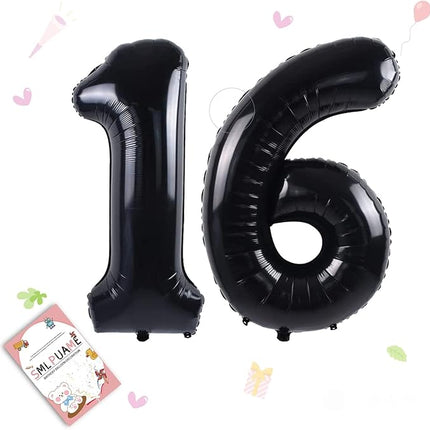 Smlpuame 40 inch Number Balloon 0-9 Black Large Number 16 Balloons,Digital Balloons for Birthday Party Celebration Decorations Supplies, Helium Foil Number Balloons for Wedding Anniversary