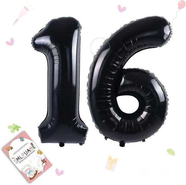 Smlpuame 40 inch Number Balloon 0-9 Black Large Number 16 Balloons,Digital Balloons for Birthday Party Celebration Decorations Supplies, Helium Foil Number Balloons for Wedding Anniversary