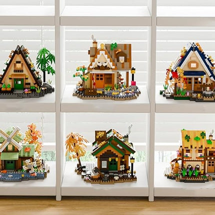 Windmill Mini Wood Cabin Micro Building Set with LED Light Wooden Forest House Block Toy with Tree Log Stem Houses Construction Model for Adults Teens Birthday Gift