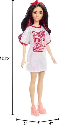 Barbie Fashionistas Doll #214, Black Wavy Hair with Twist ‘n’ Turn Dress & Accessories, 65th Anniversary Collectible Toy