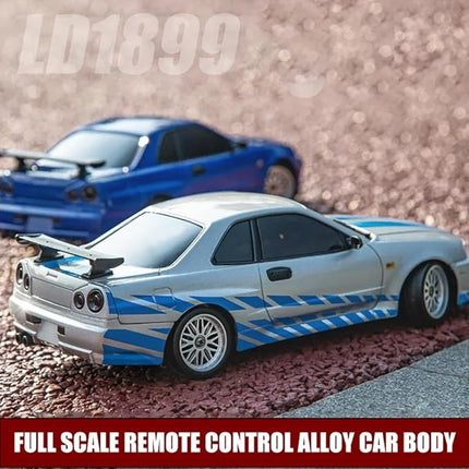 LD1899 1:18 RC Drift Car GTR R34 2.4GHz RWD with Gyroscope on-Road Alloy Body Shell Racing Cars Radio Control (Silvery)