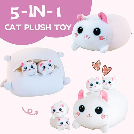 Cat Plush Stuffed Animals with 4 Kitties Plushies,16" Soft Jumbo Pillow Gifts for Kids Him Her Girlfriend Boyfriend
