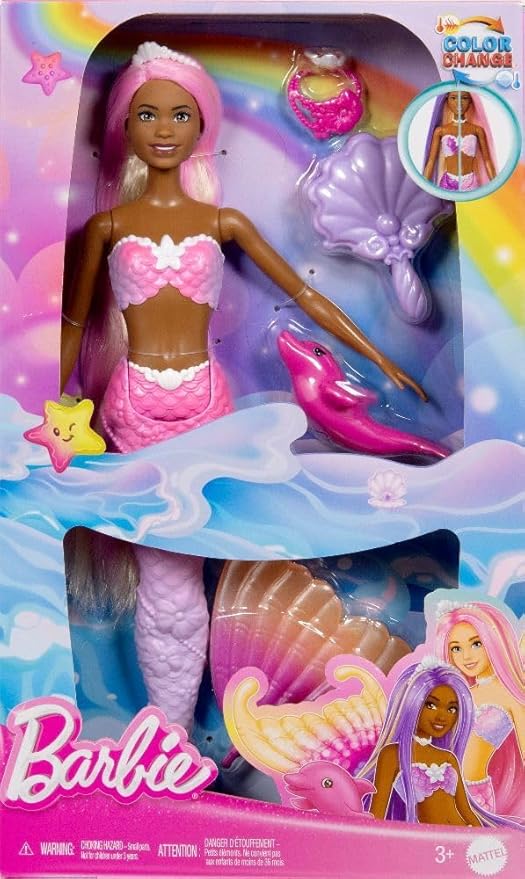 Barbie Mermaid Doll, “Brooklyn” with Pink Hair, Styling Accessories, Pet Dolphin and Water-Activated Color Change Feature, HRP98