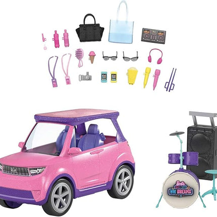 Barbie: Big City, Big Dreams Transforming Vehicle Playset, Pink 2-Seater SUV Reveals Stage, Drum Set & Concert-Themed Accessories, Gift for 3 to 7 Year Olds