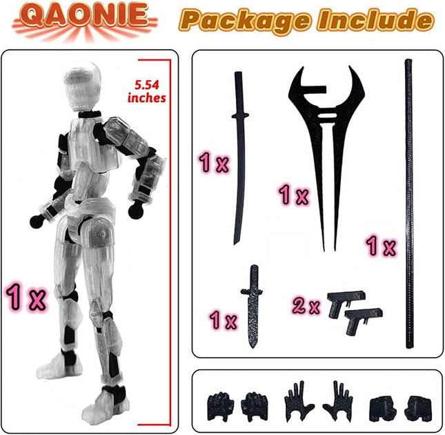 3D Printed 5.54-inch Multi-Jointed Action Figures Dummy13, Full Body Mechanical Movable Toy, Multiple Accessories, Hand Painted Figure, Desk Decoration, Creative Gifts (Transparent)