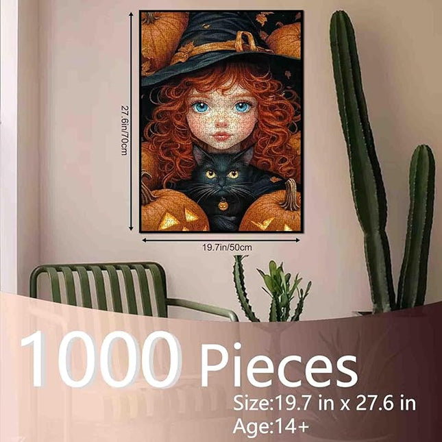 Brown Curly-Haired Doll Holding Black Cat Jigsaw Puzzle Halloween Pumpkin Girl Jigsaw Puzzles for Challenging Family Activity Games DIY Puzzle for Home Wall Decor Gifts 20 x 27 Inch