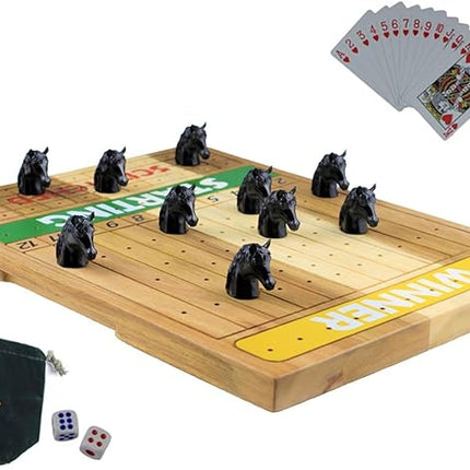 Metal Horse Race Board Game Set with Horse Racing Thick & Solid Wood Game Board, 11 Luxurious & Durable Classic Black Colored Metal Craft Horses, Dice and Cards for Horseracing (HR-652)