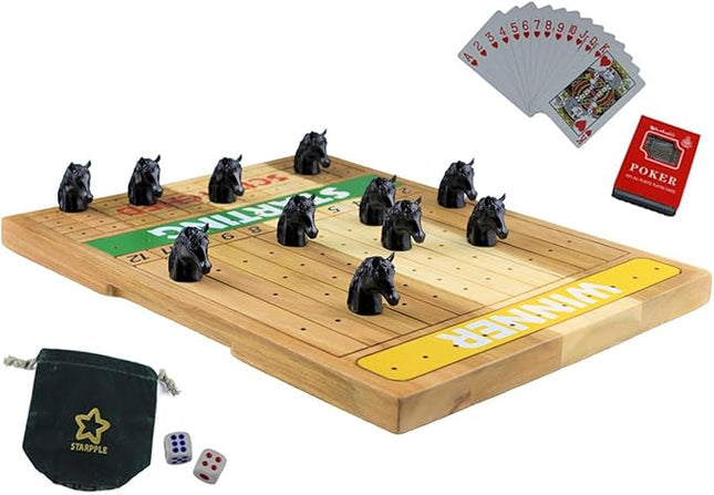 Metal Horse Race Board Game Set with Horse Racing Thick & Solid Wood Game Board, 11 Luxurious & Durable Classic Black Colored Metal Craft Horses, Dice and Cards for Horseracing (HR-652)