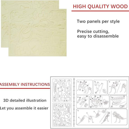 3D Wooden Crafts Puzzle - 3 Piece Set Wood Dinosaur Skeleton Model Puzzle,Wooden Assembly 3D Puzzle Toys,STEM DIY Brain Teaser Puzzle