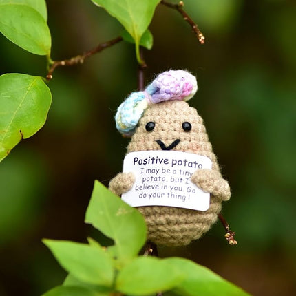 1 Pcs Positive Mini Funny Potato Holding Card Crochet Easter Birthday Christmas Mom Dad Sister Friend Wife Husband Colleauge College Students Coworkes Cheer Up Gift Decor