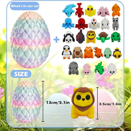 25PCS Mini 3D Printed Animal Figures Set with Dragon Egg, Premium 3D Printed Fidget Toys for Kids, Fun Party Favors, Unique Collector's Gift Set, Cute Desk Decor, Perfect Stress Relief Gift Idea
