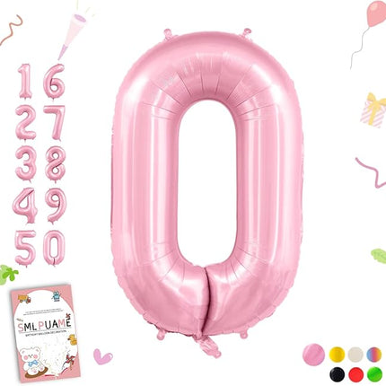 Smlpuame Pastel Pink 0 Balloon Numbers, 40 Inch Large Light Pink Foil Number Balloons 0-10, Self-Sealing Birthday Balloon for Girls Women Anniversary Graduation New Year Party Decoration Supplies