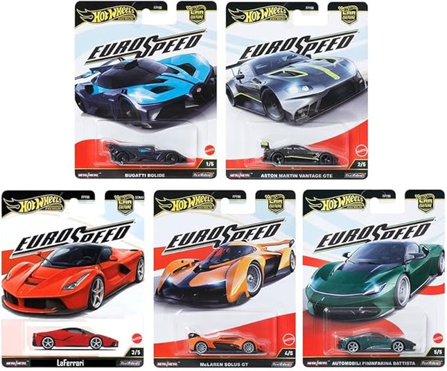 1:64 Scale Diecast Model Car Compatible with Hot Wheels Premium Car Culture Euro Speed L Case Set of 5 Cars, FPY86-961L