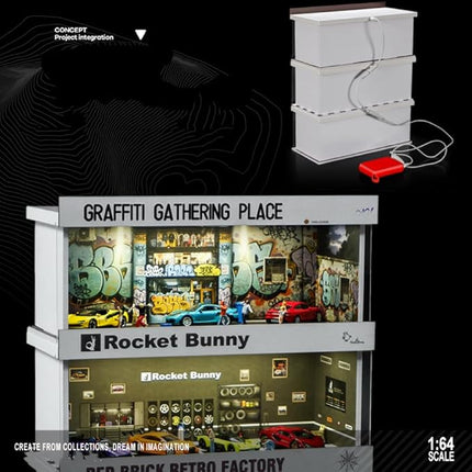 Display Case for Hot Wheels: Stackable Parking Garage for 1/64 Scale Matchbox Toy Car, FoamBoard Storage for Monster Trucks with LED Light and Acrylic Cover, 2025 Upgraded Graffiti Wall