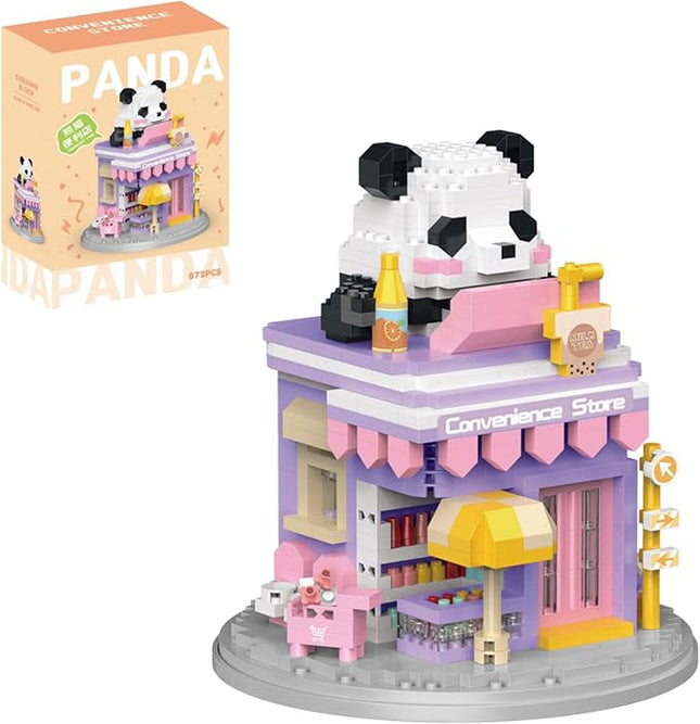 Street View Convenience Store Mini Building Blocks,872 Pieces Cute Panda Animal Micro Building Sets,Simulation Architecture Construction Toy, Creative Gifts for Adults Teens 12+