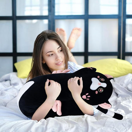 27.5in Long Plush Toy Cat Pillow Cute Plush Cat Toy Doll Stuffed Animal Cat Hugging Pillow for Sleeping Gift for Kids and Girls(Black&Pink,70cm/27.5in)