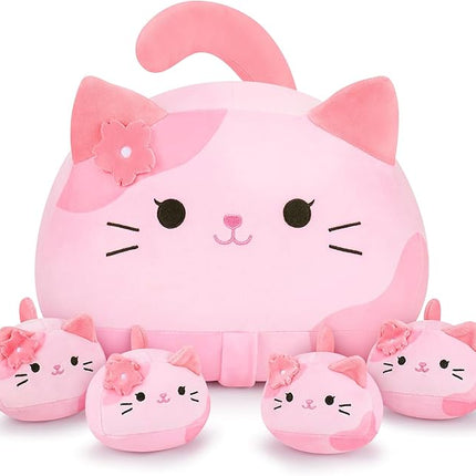 5 PCS Pink Sakura Cat Plush Stuffed Animal Family-19" Soft Pink Sakura Cat Plush, Large Mommy Plushies with 4 Baby Kittens Plushies, Kawaii Plush Toy Christmas Birthday Gifts for Kids Boys Girls