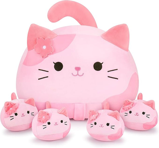 5 PCS Pink Sakura Cat Plush Stuffed Animal Family-19" Soft Pink Sakura Cat Plush, Large Mommy Plushies with 4 Baby Kittens Plushies, Kawaii Plush Toy Christmas Birthday Gifts for Kids Boys Girls