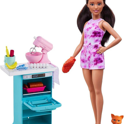 Barbie Baker Doll & Kitchen Playset with Oven, Spinning Mixer & 10+ Accessories, Includes Petite Brunette Fashion Doll, Pet Kitten & Baking Pieces
