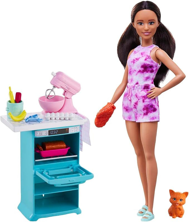 Barbie Baker Doll & Kitchen Playset with Oven, Spinning Mixer & 10+ Accessories, Includes Petite Brunette Fashion Doll, Pet Kitten & Baking Pieces