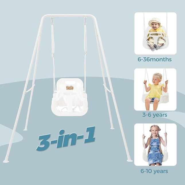 FUNLIO Toddler Swing with Foldable Metal Stand for Toddlers Aged 1~10 Years, 3-in-1 Baby Swing Set with 4 Sandbags for Backyard/Indoor/Outdoor Play, Easy to Assemble & Store, White