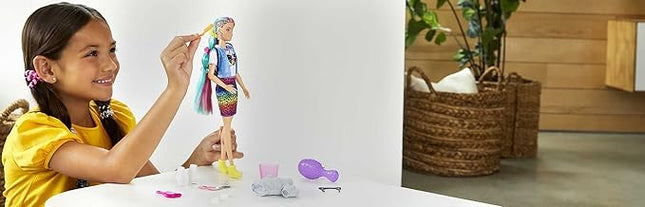 Barbie Doll Leopard Rainbow Hair with Color-Change Highlights & 16 Styling Accessories Including Clothes, Scrunchies, Brush & More