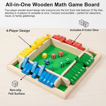 Shut The Box - Wooden Dice Board Game, 2-4 Player Math Puzzle Toy for Kids and Adults, Educational Family Tabletop Game for Learning Addition Subtraction, Fun Strategy Gift Set